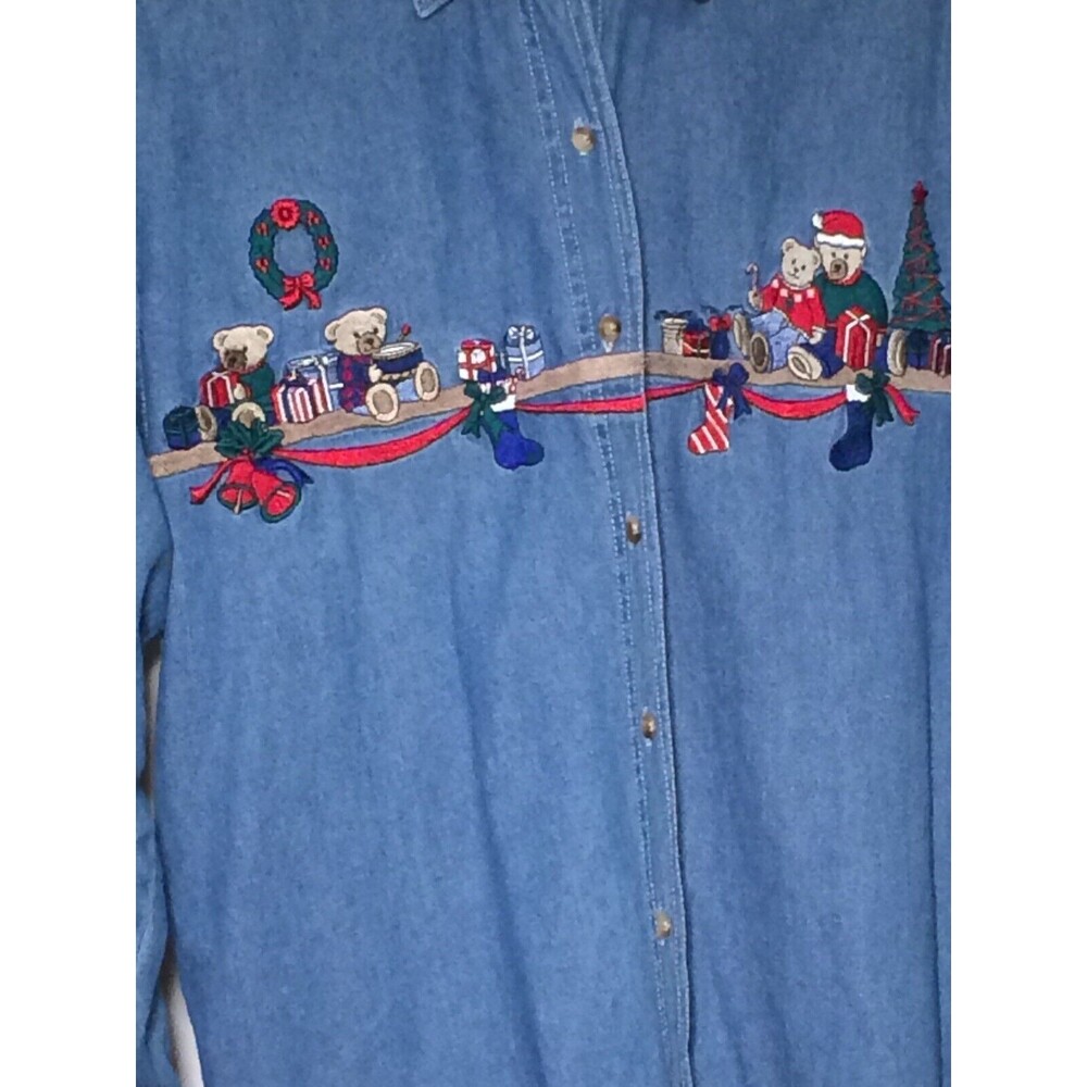 Vtg 90’s Christmas Denim Shirt Sz M Bobbie Brooks Embroidered Long Sleeve Blouse